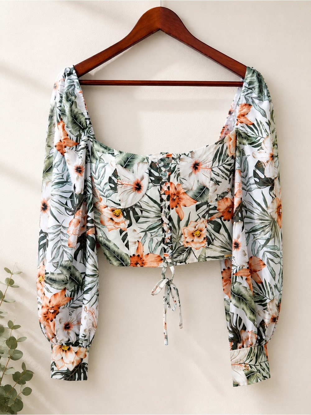 Derek Tropical Floral Corset Crop Top Resort Vacation Puff Sleeve